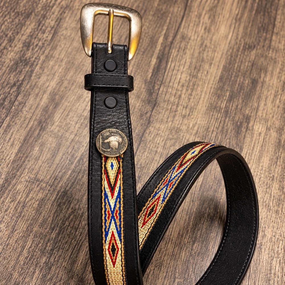 Vintage Tony Lama Black Leather Buffalo Nickel Woven Belt Size 38 9053L 1995